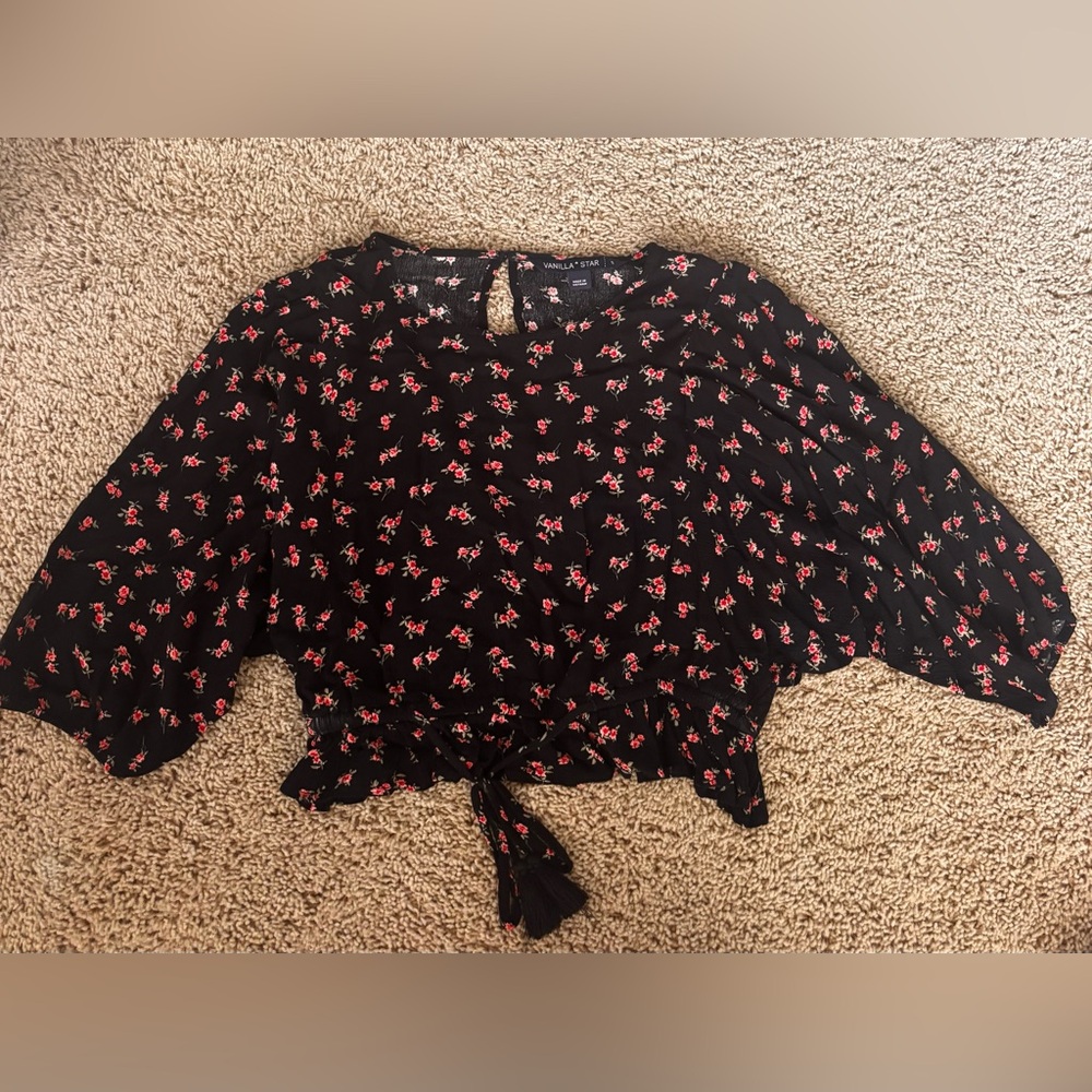 Vanilla Star Black Blouse with Pink Floral Tie Front